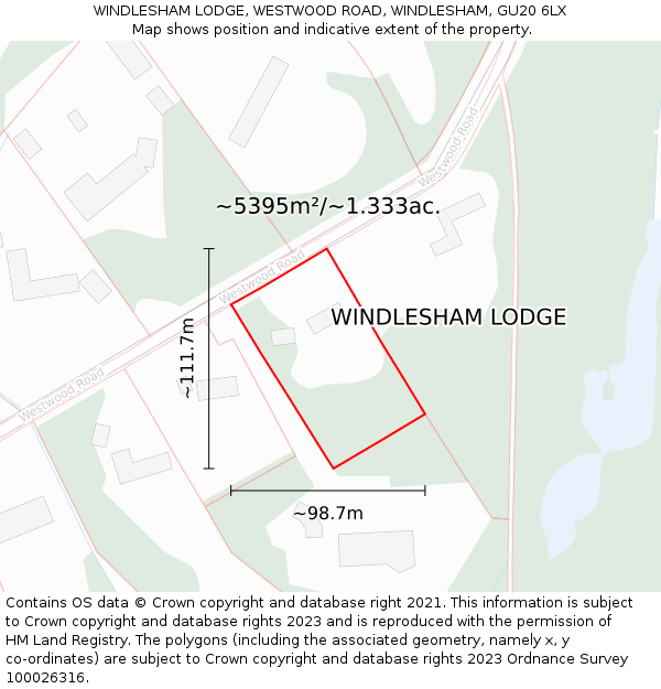 WINDLESHAM LODGE, WESTWOOD ROAD, WINDLESHAM, GU20 6LX: Plot and title map