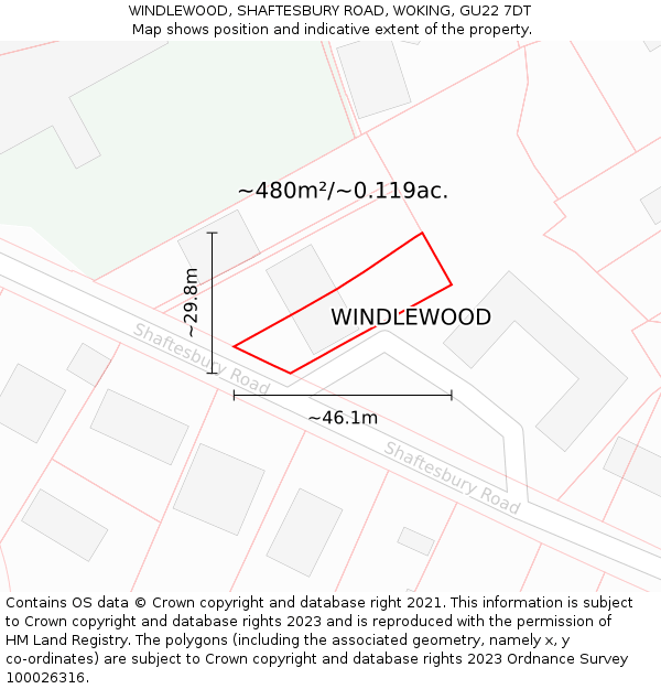 WINDLEWOOD, SHAFTESBURY ROAD, WOKING, GU22 7DT: Plot and title map