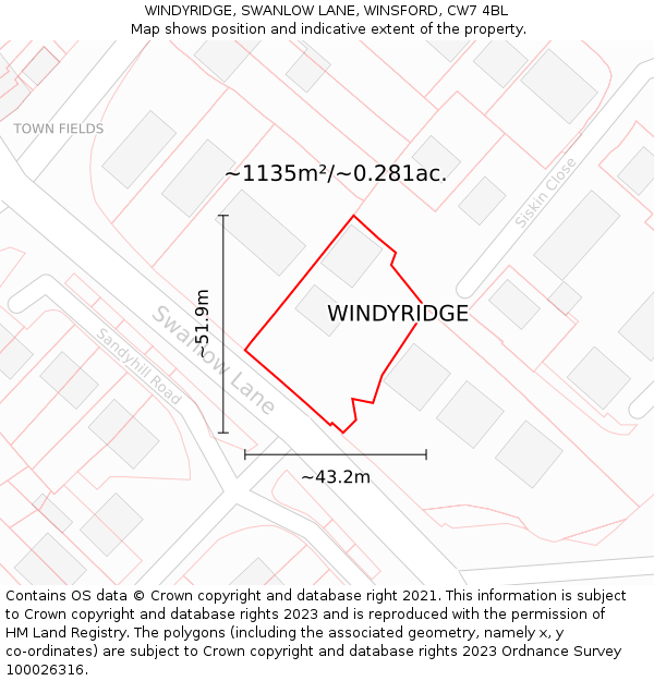 WINDYRIDGE, SWANLOW LANE, WINSFORD, CW7 4BL: Plot and title map