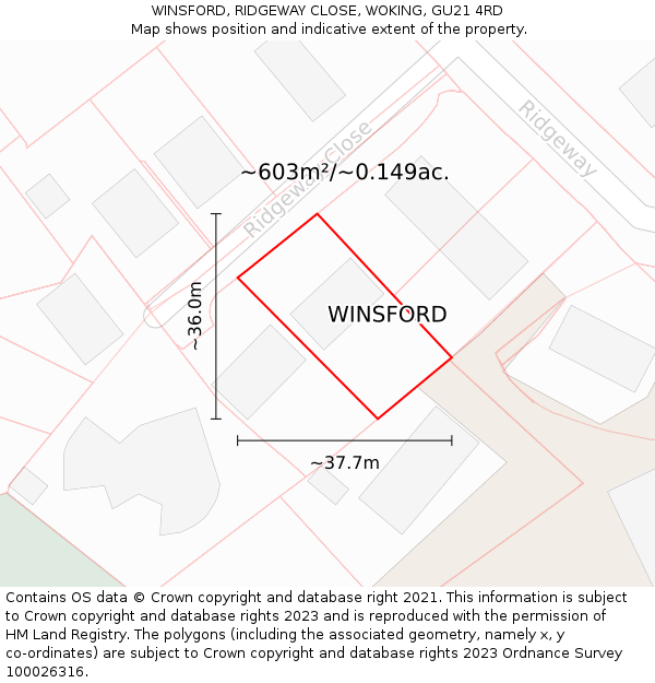 WINSFORD, RIDGEWAY CLOSE, WOKING, GU21 4RD: Plot and title map