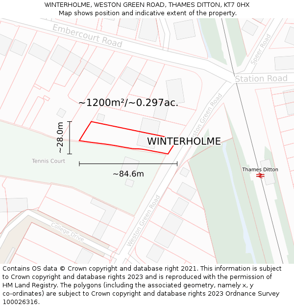 WINTERHOLME, WESTON GREEN ROAD, THAMES DITTON, KT7 0HX: Plot and title map