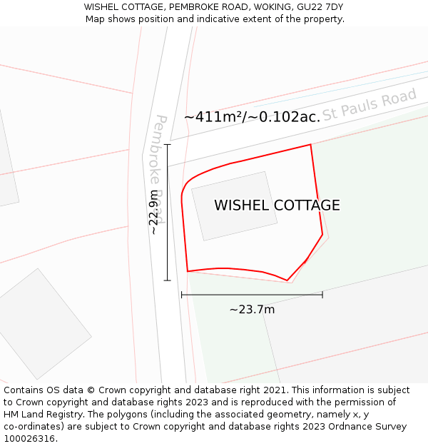 WISHEL COTTAGE, PEMBROKE ROAD, WOKING, GU22 7DY: Plot and title map