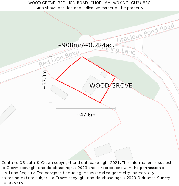 WOOD GROVE, RED LION ROAD, CHOBHAM, WOKING, GU24 8RG: Plot and title map