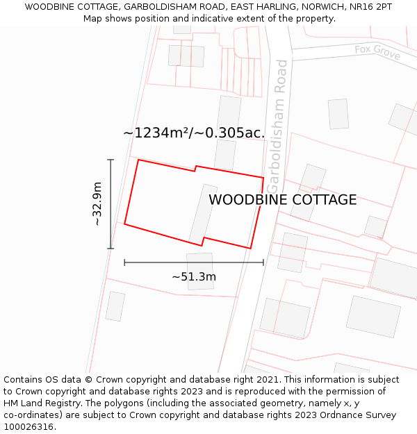 WOODBINE COTTAGE, GARBOLDISHAM ROAD, EAST HARLING, NORWICH, NR16 2PT: Plot and title map