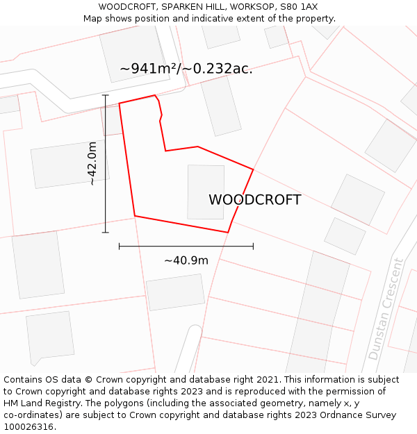 WOODCROFT, SPARKEN HILL, WORKSOP, S80 1AX: Plot and title map