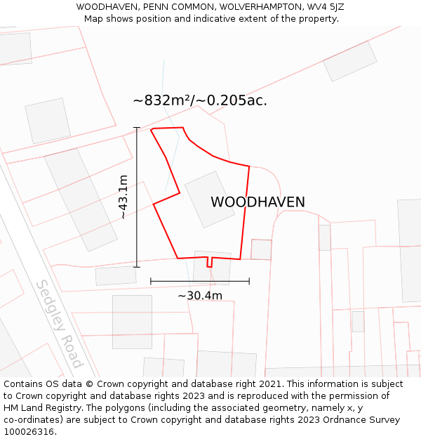 WOODHAVEN, PENN COMMON, WOLVERHAMPTON, WV4 5JZ: Plot and title map