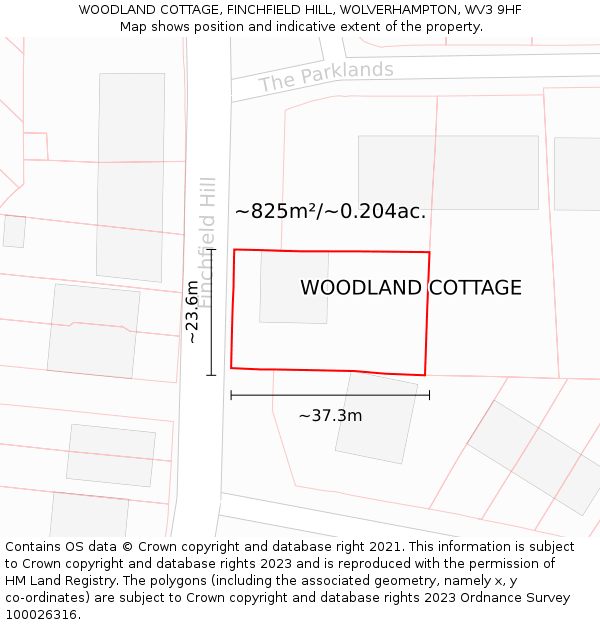 WOODLAND COTTAGE, FINCHFIELD HILL, WOLVERHAMPTON, WV3 9HF: Plot and title map