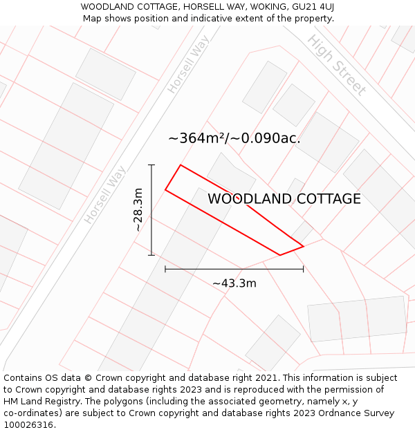 WOODLAND COTTAGE, HORSELL WAY, WOKING, GU21 4UJ: Plot and title map