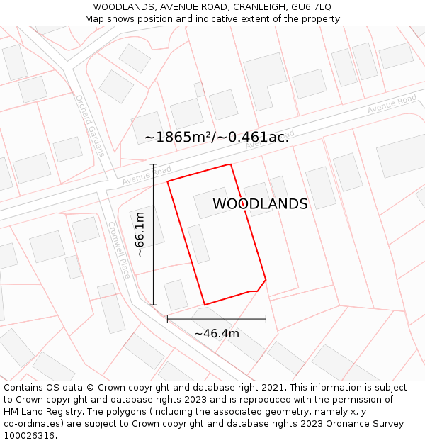 WOODLANDS, AVENUE ROAD, CRANLEIGH, GU6 7LQ: Plot and title map