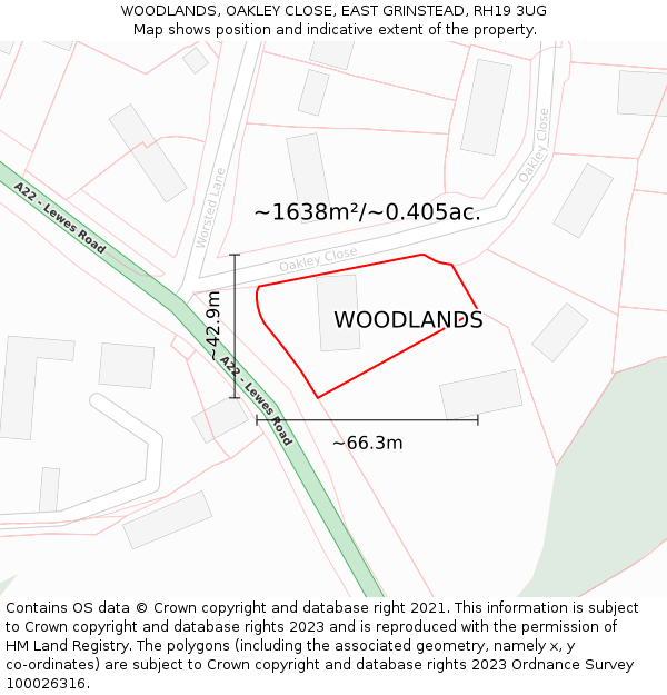 WOODLANDS, OAKLEY CLOSE, EAST GRINSTEAD, RH19 3UG: Plot and title map