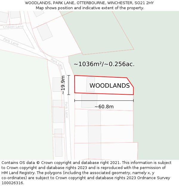 WOODLANDS, PARK LANE, OTTERBOURNE, WINCHESTER, SO21 2HY: Plot and title map