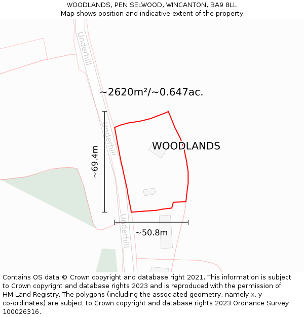 WOODLANDS, PEN SELWOOD, WINCANTON, BA9 8LL: Plot and title map