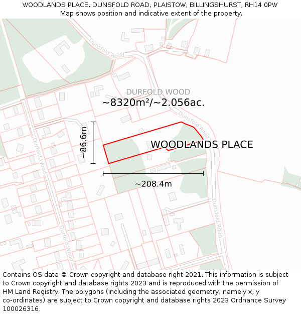 WOODLANDS PLACE, DUNSFOLD ROAD, PLAISTOW, BILLINGSHURST, RH14 0PW: Plot and title map
