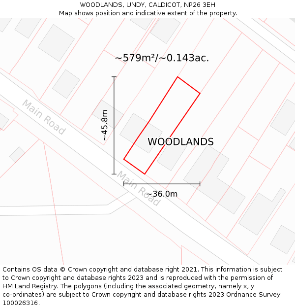 WOODLANDS, UNDY, CALDICOT, NP26 3EH: Plot and title map