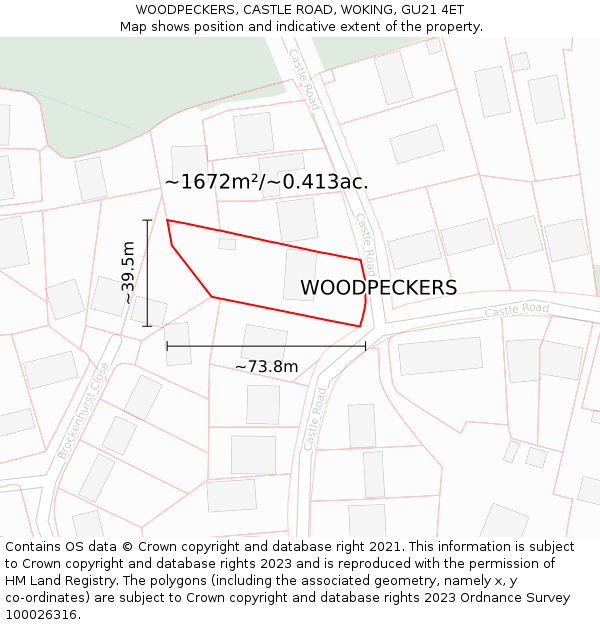 WOODPECKERS, CASTLE ROAD, WOKING, GU21 4ET: Plot and title map