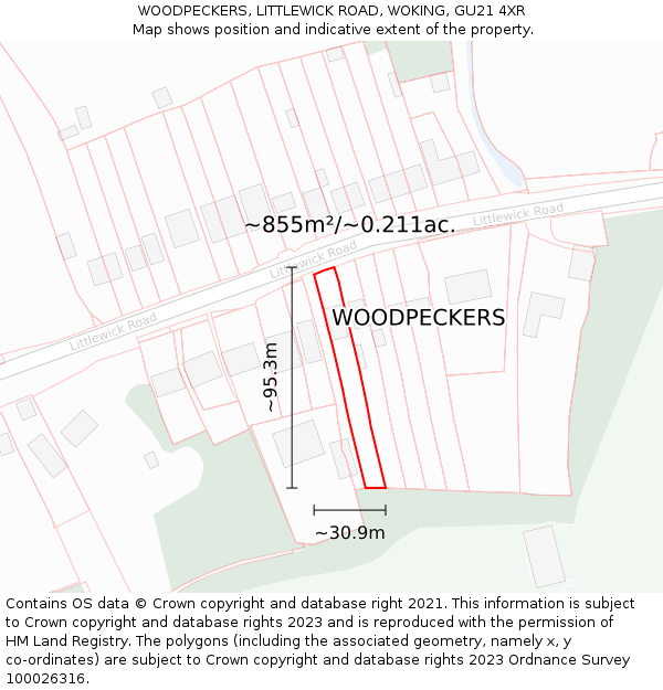 WOODPECKERS, LITTLEWICK ROAD, WOKING, GU21 4XR: Plot and title map