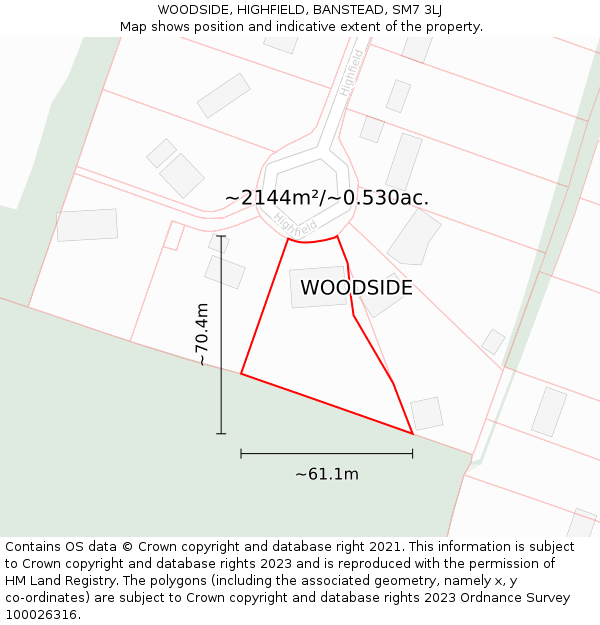 WOODSIDE, HIGHFIELD, BANSTEAD, SM7 3LJ: Plot and title map