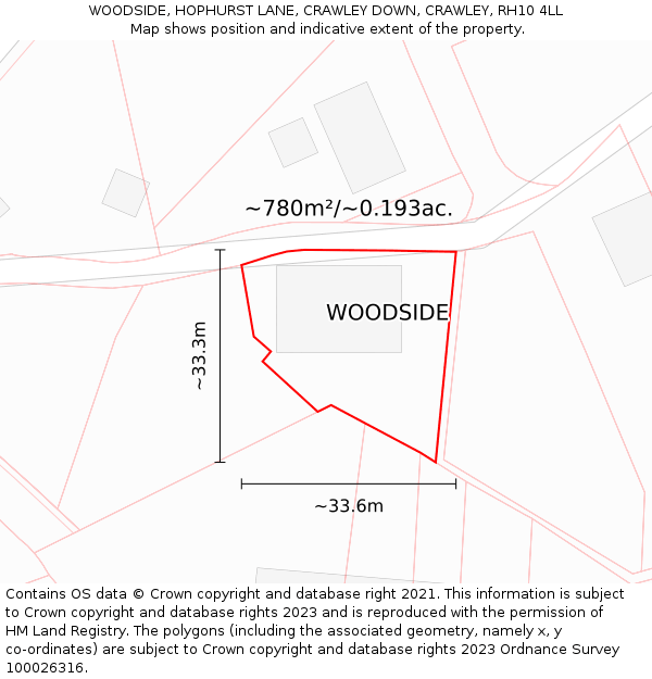 WOODSIDE, HOPHURST LANE, CRAWLEY DOWN, CRAWLEY, RH10 4LL: Plot and title map