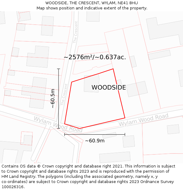 WOODSIDE, THE CRESCENT, WYLAM, NE41 8HU: Plot and title map