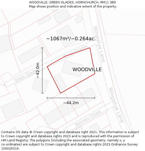 WOODVILLE, GREEN GLADES, HORNCHURCH, RM11 3BS: Plot and title map