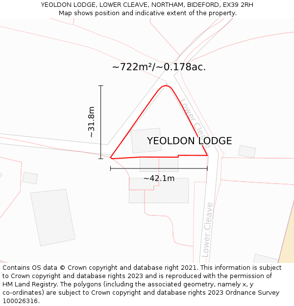 YEOLDON LODGE, LOWER CLEAVE, NORTHAM, BIDEFORD, EX39 2RH: Plot and title map