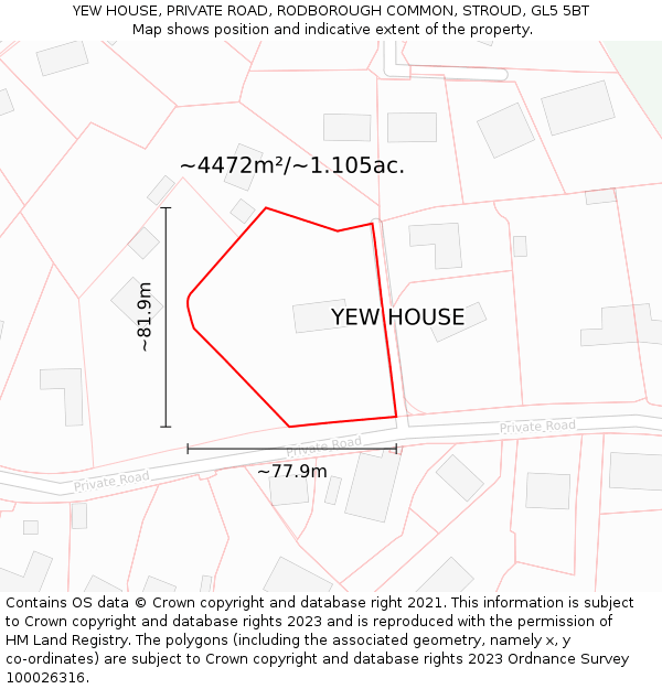 YEW HOUSE, PRIVATE ROAD, RODBOROUGH COMMON, STROUD, GL5 5BT: Plot and title map