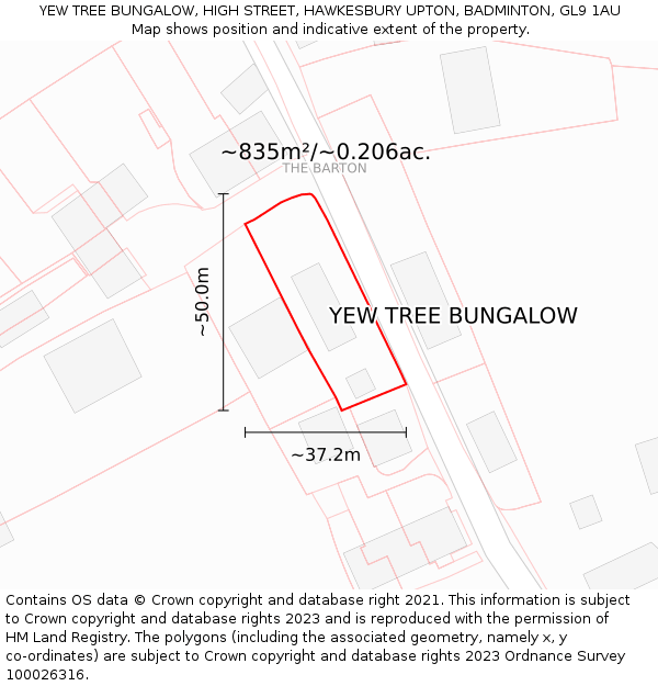 YEW TREE BUNGALOW, HIGH STREET, HAWKESBURY UPTON, BADMINTON, GL9 1AU: Plot and title map