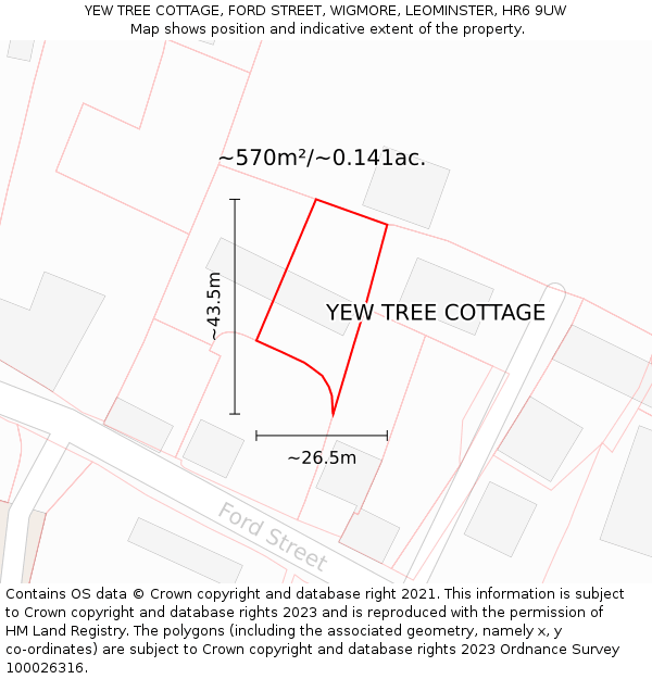 YEW TREE COTTAGE, FORD STREET, WIGMORE, LEOMINSTER, HR6 9UW: Plot and title map