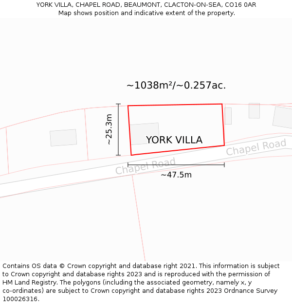 YORK VILLA, CHAPEL ROAD, BEAUMONT, CLACTON-ON-SEA, CO16 0AR: Plot and title map