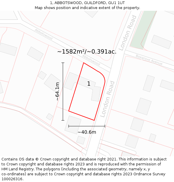 1, ABBOTSWOOD, GUILDFORD, GU1 1UT: Plot and title map