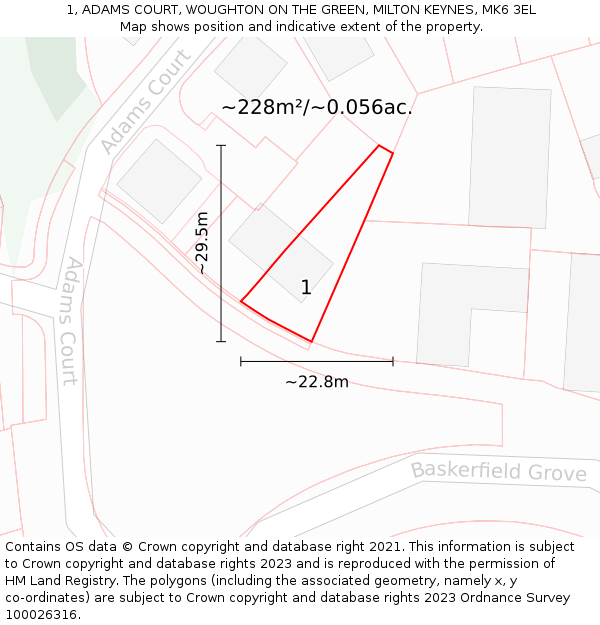 1, ADAMS COURT, WOUGHTON ON THE GREEN, MILTON KEYNES, MK6 3EL: Plot and title map