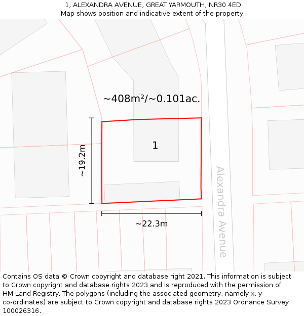 1, ALEXANDRA AVENUE, GREAT YARMOUTH, NR30 4ED: Plot and title map