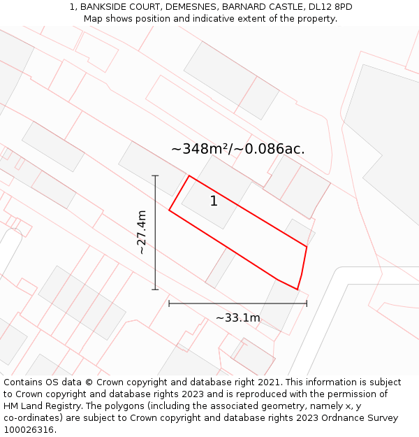 1, BANKSIDE COURT, DEMESNES, BARNARD CASTLE, DL12 8PD: Plot and title map