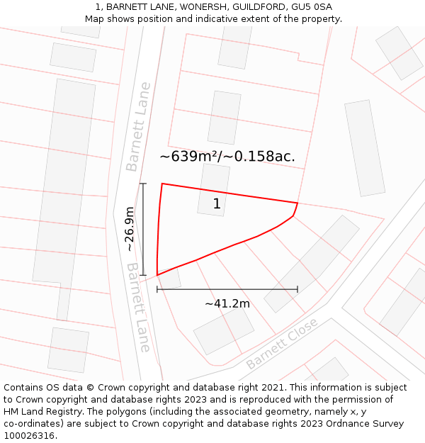 1, BARNETT LANE, WONERSH, GUILDFORD, GU5 0SA: Plot and title map