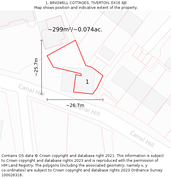 1, BINGWELL COTTAGES, TIVERTON, EX16 4JE: Plot and title map