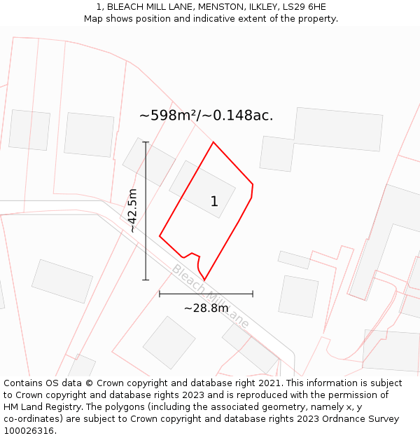 1, BLEACH MILL LANE, MENSTON, ILKLEY, LS29 6HE: Plot and title map