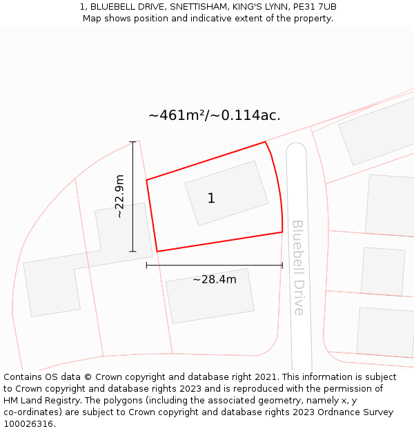 1, BLUEBELL DRIVE, SNETTISHAM, KING'S LYNN, PE31 7UB: Plot and title map