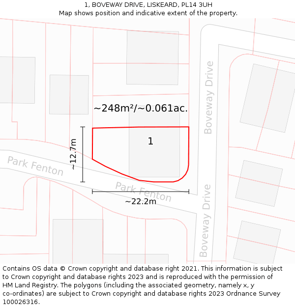 1, BOVEWAY DRIVE, LISKEARD, PL14 3UH: Plot and title map