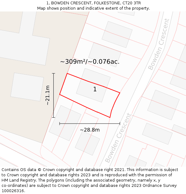 1, BOWDEN CRESCENT, FOLKESTONE, CT20 3TR: Plot and title map