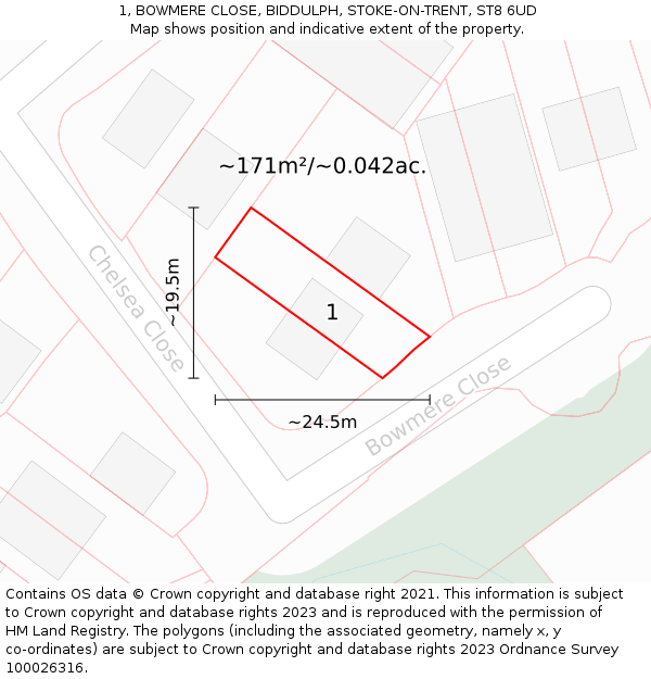 1, BOWMERE CLOSE, BIDDULPH, STOKE-ON-TRENT, ST8 6UD: Plot and title map