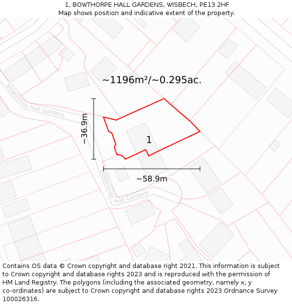 1, BOWTHORPE HALL GARDENS, WISBECH, PE13 2HF: Plot and title map