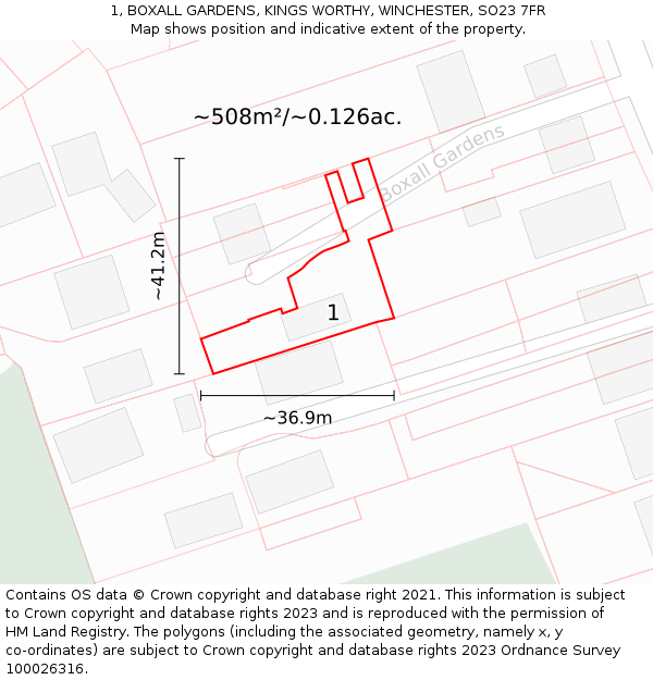 1, BOXALL GARDENS, KINGS WORTHY, WINCHESTER, SO23 7FR: Plot and title map