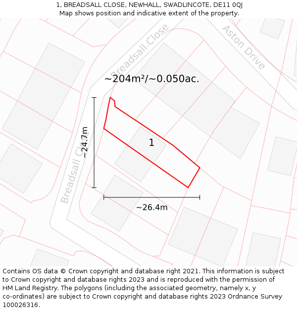 1, BREADSALL CLOSE, NEWHALL, SWADLINCOTE, DE11 0QJ: Plot and title map