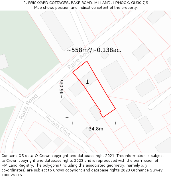 1, BRICKYARD COTTAGES, RAKE ROAD, MILLAND, LIPHOOK, GU30 7JS: Plot and title map