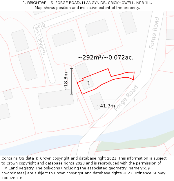 1, BRIGHTWELLS, FORGE ROAD, LLANGYNIDR, CRICKHOWELL, NP8 1LU: Plot and title map