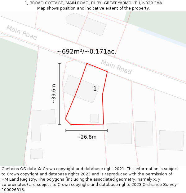 1, BROAD COTTAGE, MAIN ROAD, FILBY, GREAT YARMOUTH, NR29 3AA: Plot and title map