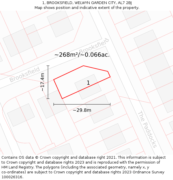 1, BROOKSFIELD, WELWYN GARDEN CITY, AL7 2BJ: Plot and title map