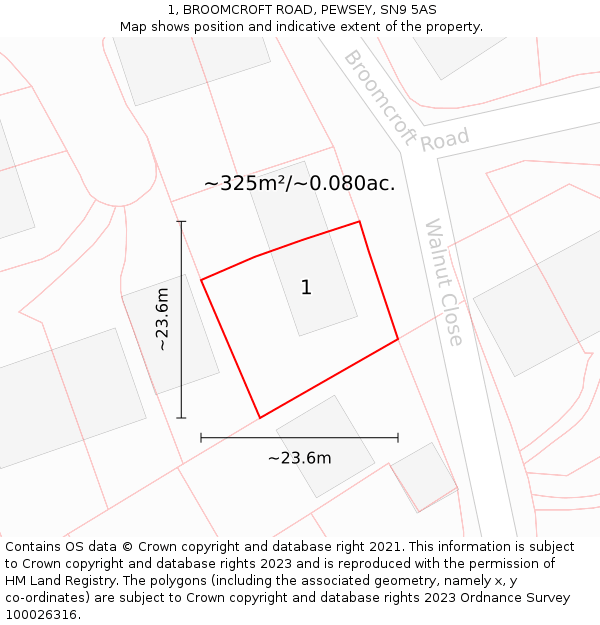 1, BROOMCROFT ROAD, PEWSEY, SN9 5AS: Plot and title map