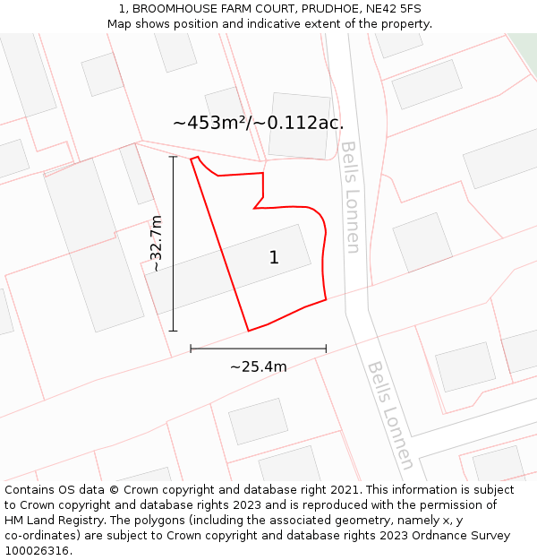 1, BROOMHOUSE FARM COURT, PRUDHOE, NE42 5FS: Plot and title map