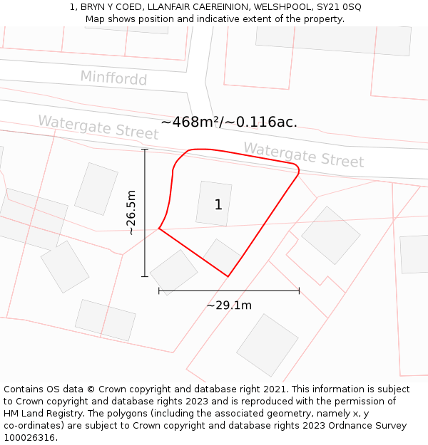 1, BRYN Y COED, LLANFAIR CAEREINION, WELSHPOOL, SY21 0SQ: Plot and title map